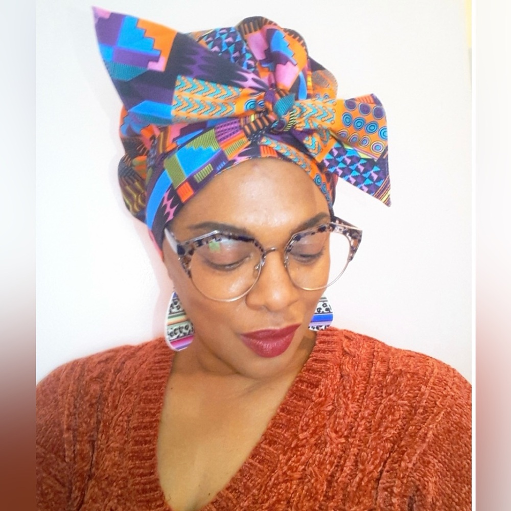 Colorful Patterned Head-wrap & Matching Earrings - Picture 2 of 5